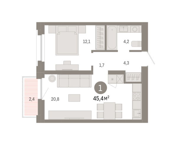 Новая 1-к квартира
 45.38 м² на 4/7 этаже в ЖК «Зарека» в городе Тюмень 