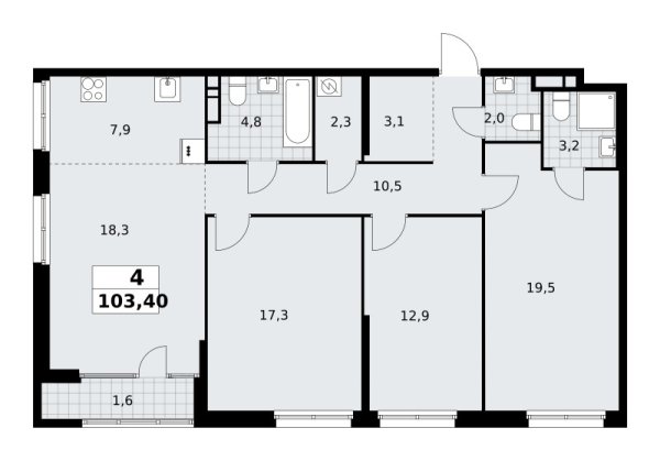 Новая 4-к квартира
 103.4 м² на 5/16 этаже в ЖК «Дом на Зорге» в городе Тюмень 