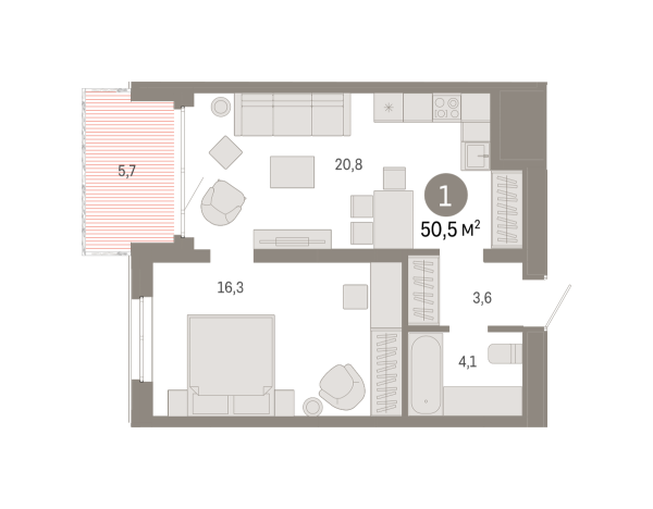 Новая 1-к квартира
 50.5 м² на 14/17 этаже в ЖК «Южные кварталы» в городе Тюмень 