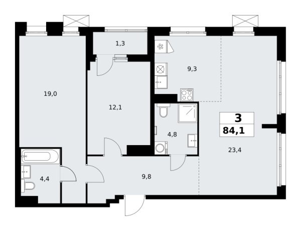 Новая 3-к квартира
 84.1 м² на 19/19 этаже в ЖК «Прокшино» в городе Тюмень 