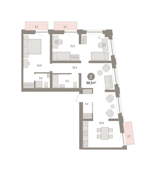Новая 2-к квартира
 98.6 м² на 2/8 этаже в ЖК «Речной порт» в городе Тюмень 