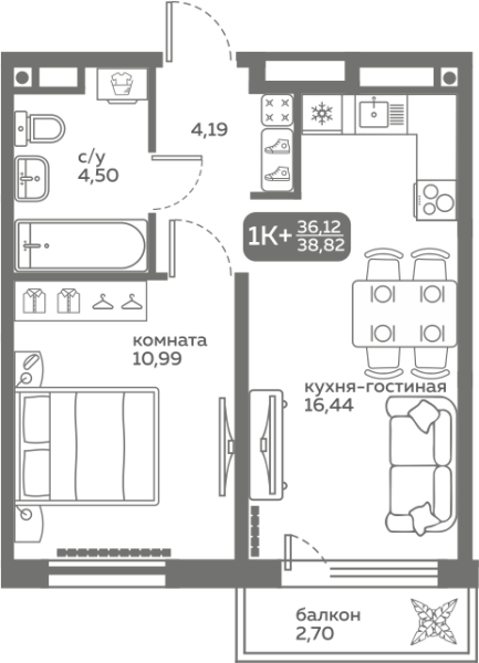 Новая 1-к квартира
 58.84 м² на 12/20 этаже в ЖК «Меридиан Слобода» в городе Тюмень 