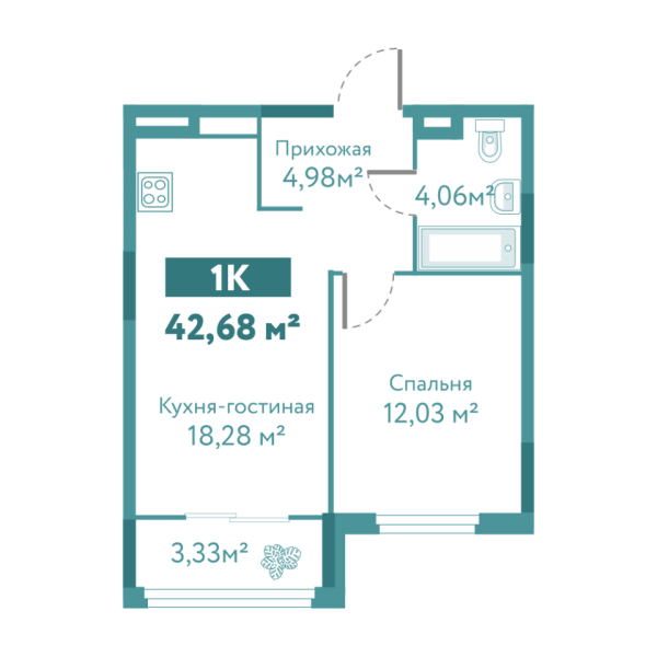 Новая 1-к квартира
 42.68 м² на 1/10 этаже в ЖК «Акватория» в городе Тюмень 