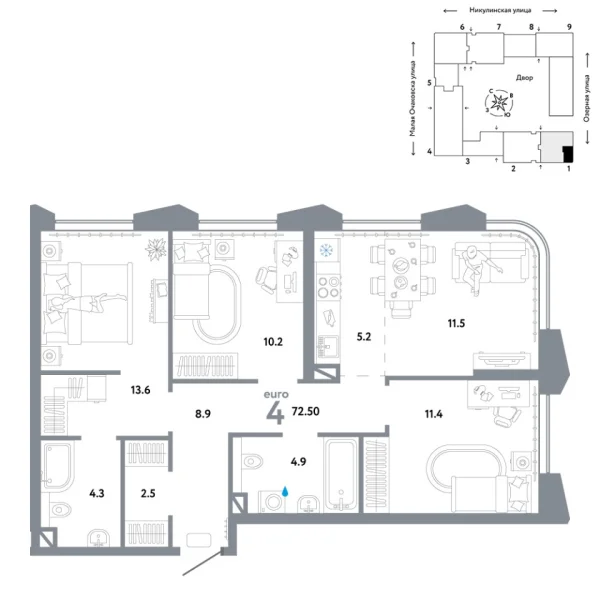 Новая 4-к квартира
 72.5 м² на 14/30 этаже в ЖК «Страна.Озёрная» в городе Тюмень 