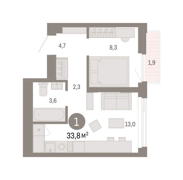 Новая 1-к квартира
 33.77 м² на 20/25 этаже в ЖК «Зарека» в городе Тюмень 