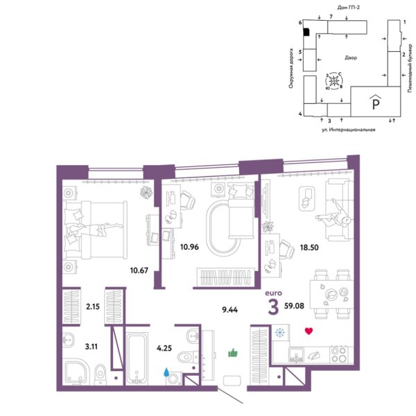 Новая 3-к квартира
 59.08 м² на 10/16 этаже в ЖК «Юнион» в городе Тюмень 
