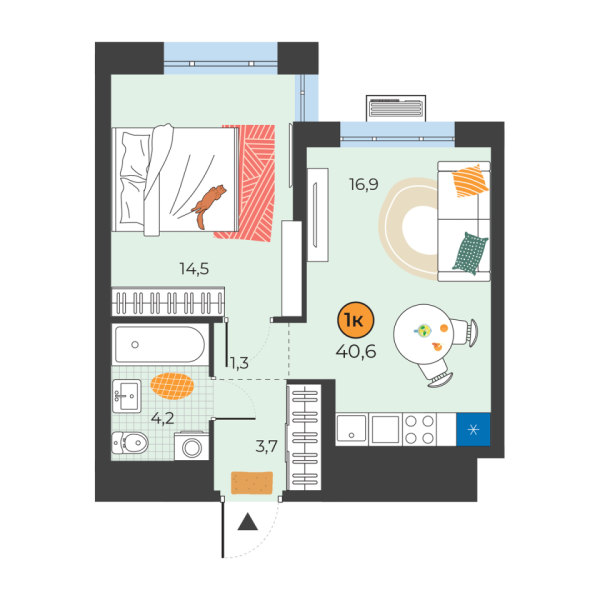Новая 1-к квартира
 40.6 м² на 3/25 этаже в ЖК «Корней» в городе Тюмень 