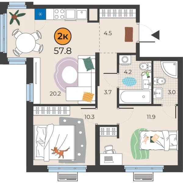 Новая 2-к квартира
 57.8 м² на 8/25 этаже в ЖК «Корней» в городе Тюмень 