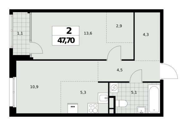 Новая 2-к квартира
 47.7 м² на 5/16 этаже в ЖК «Дом на Зорге» в городе Тюмень 