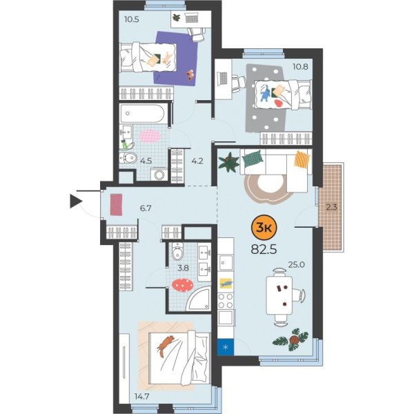 Новая 3-к квартира
 81.4 м² на 6/25 этаже в ЖК «Корней» в городе Тюмень 