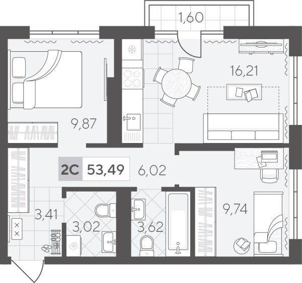 Новая 2-к квартира
 53.49 м² на 7/17 этаже в ЖК «Скандиа. Квартал в Комарово Парк» в городе Тюмень 