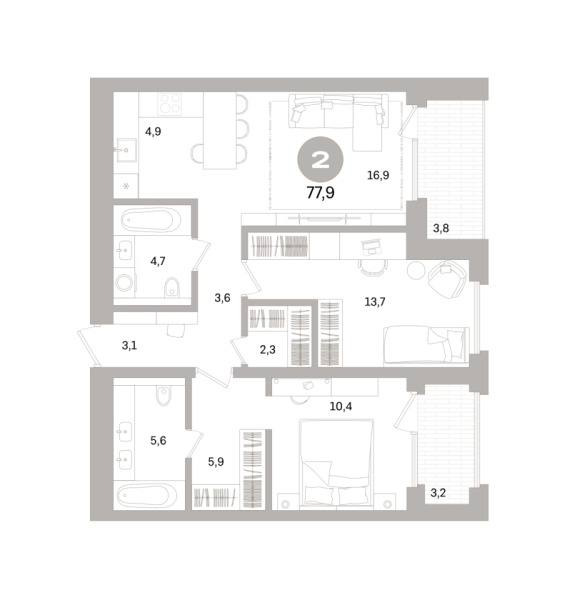Новая 2-к квартира
 77.93 м² на 6/18 этаже в ЖК «Северный ветер» в городе Тюмень 