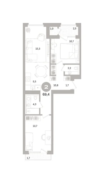 Новая 2-к квартира
 69.36 м² на 2/8 этаже в ЖК «Северный ветер» в городе Тюмень 