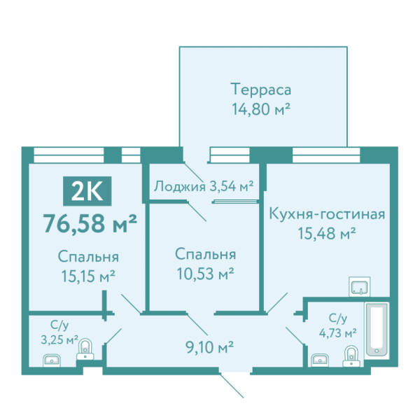 Новая 2-к квартира
 61.78 м² на 1/7 этаже в ЖК «Акватория» в городе Тюмень 