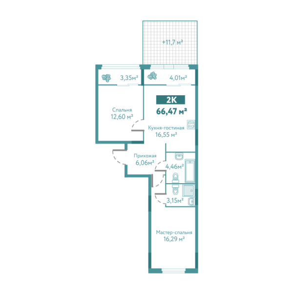 Новая 2-к квартира
 66.47 м² на 1/10 этаже в ЖК «Акватория» в городе Тюмень 