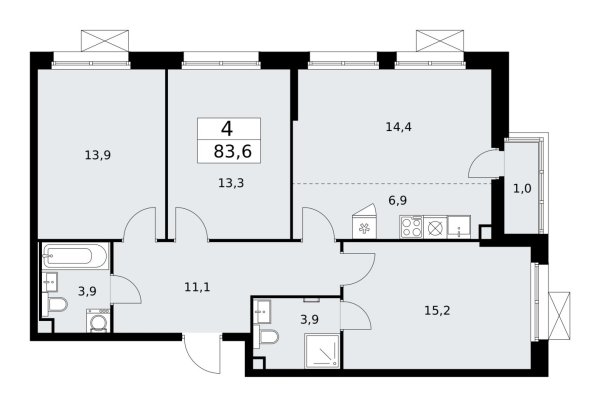 Новая 4-к квартира
 83.6 м² на 2/13 этаже в ЖК «Скандинавия» в городе Тюмень 