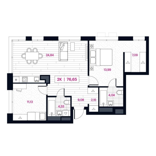 Новая 2-к квартира
 76.65 м² на 3/16 этаже в ЖК «Пушкина» в городе Тюмень 