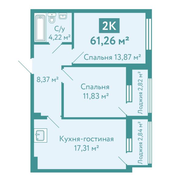 Новая 2-к квартира
 61.26 м² на 2/10 этаже в ЖК «Акватория» в городе Тюмень 