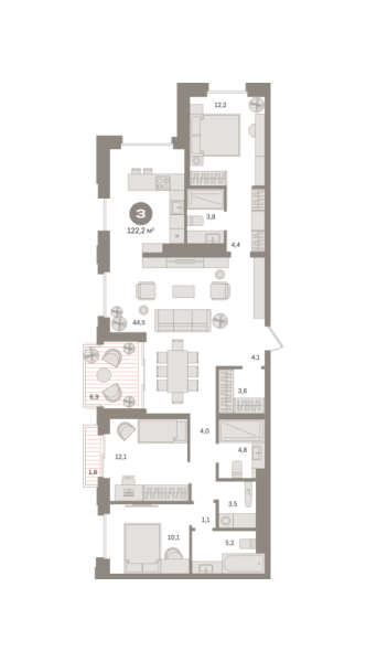 Новая 3-к квартира
 122.16 м² на 17/27 этаже в ЖК «Квартал «МОНС»» в городе Тюмень 