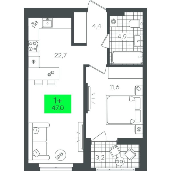 Новая 1-к квартира
 47.04 м² на 5/22 этаже в ЖК «Гранд Квартал» в городе Тюмень 