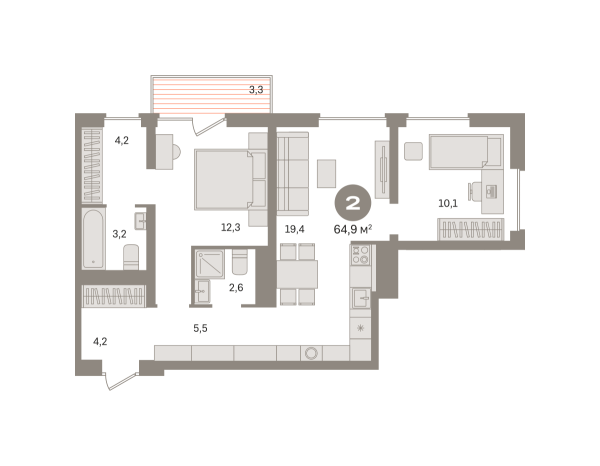Новая 2-к квартира
 64.85 м² на 5/8 этаже в ЖК «Северный квартал» в городе Тюмень 