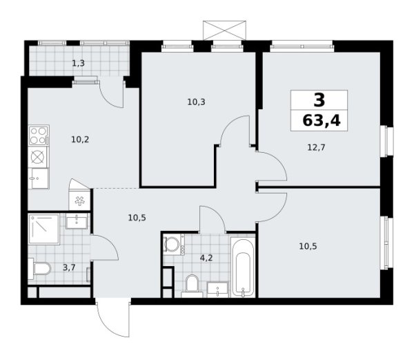 Новая 3-к квартира
 63.4 м² на 7/30 этаже в ЖК «Южные сады» в городе Тюмень 