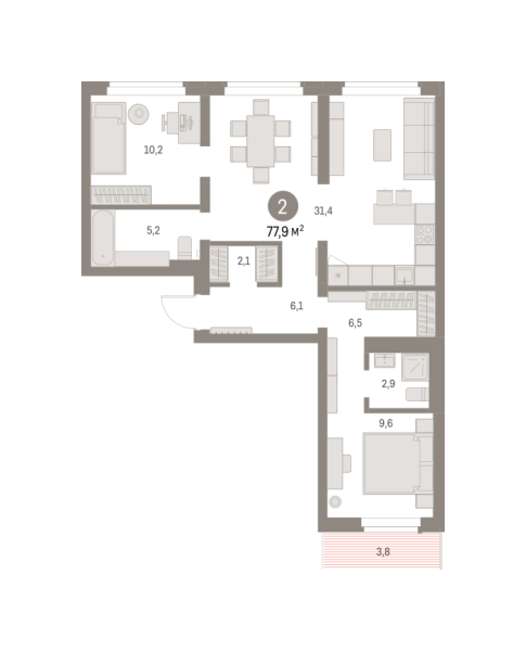 Новая 2-к квартира
 76.92 м² на 9/9 этаже в ЖК «Брусника в Академическом» в городе Тюмень 