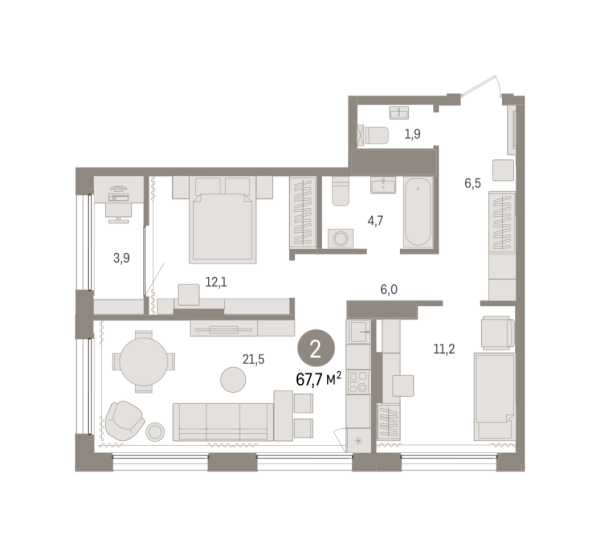 Новая 2-к квартира
 67.73 м² на 11/17 этаже в ЖК «Октябрьский на Туре» в городе Тюмень 