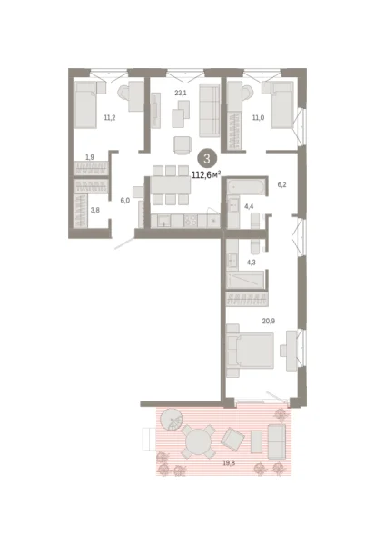 Новая 3-к квартира
 112.64 м² на 2/8 этаже в ЖК «Кварталы «На Минской»» в городе Тюмень 