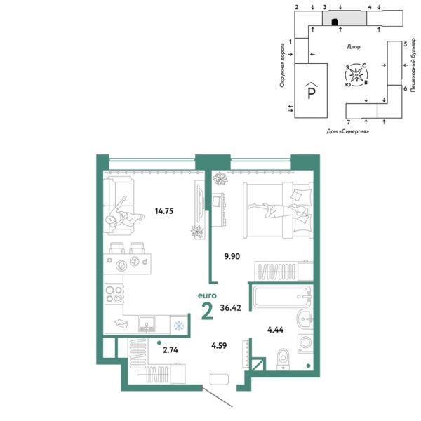 Новая 2-к квартира
 36.42 м² на 4/16 этаже в ЖК «Юнион» в городе Тюмень 