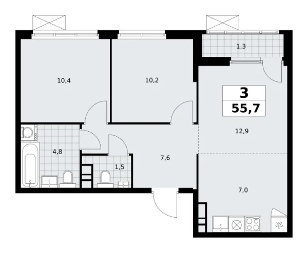 Новая 3-к квартира
 55.7 м² на 20/30 этаже в ЖК «Южные сады» в городе Тюмень 
