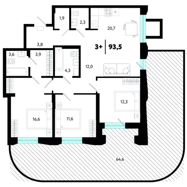 Новая 3-к квартира
 93.51 м² на 1/4 этаже в ЖК «Кедровый берег» в городе Тюмень 