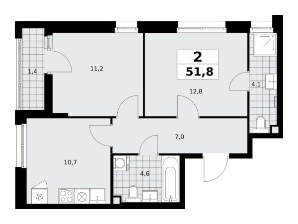 Новая 2-к квартира
 51.8 м² на 2/17 этаже в ЖК «Прокшино» в городе Тюмень 