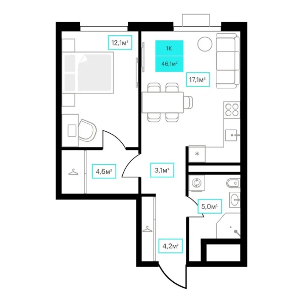 Новая 1-к квартира
 46.1 м² на 11/23 этаже в ЖК «Futuro» в городе Тюмень 