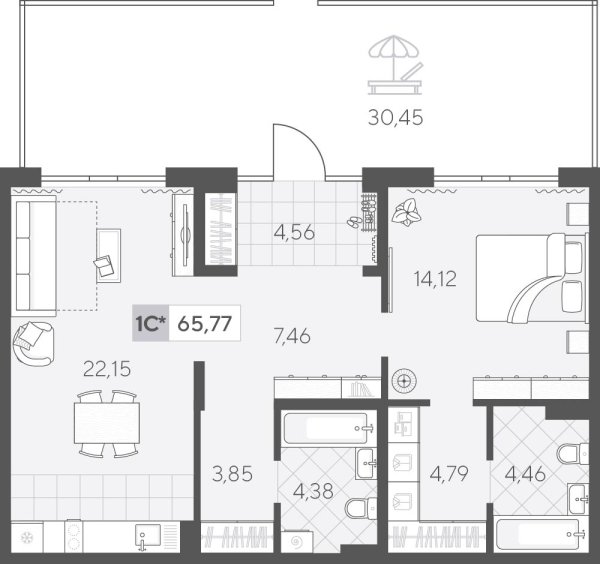 Новая 1-к квартира
 72.85 м² на 1/4 этаже в ЖК «Скандиа. Квартал у Озера» в городе Тюмень 