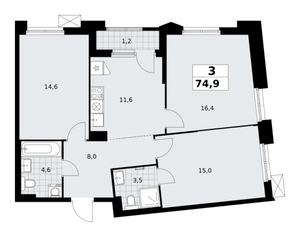 Новая 3-к квартира
 74.9 м² на 5/16 этаже в ЖК «Деснаречье» в городе Тюмень 