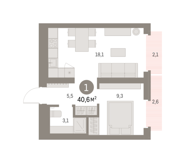 Новая 1-к квартира
 40.58 м² на 6/9 этаже в ЖК «Брусника в Академическом» в городе Тюмень 