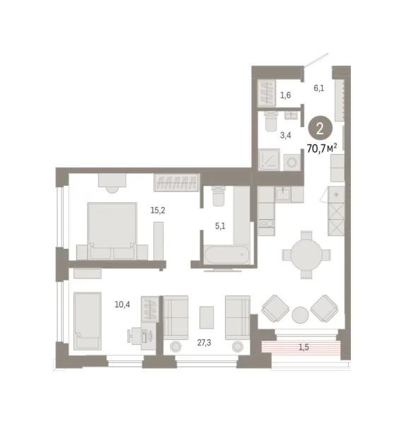 Новая 2-к квартира
 70.7 м² на 5/25 этаже в ЖК «Зарека» в городе Тюмень 