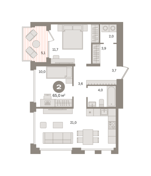 Новая 2-к квартира
 65 м² на 4/8 этаже в ЖК «Дом «А»» в городе Тюмень 