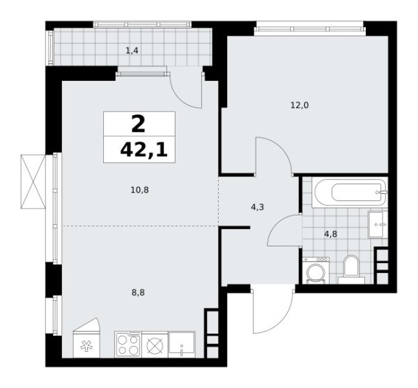 Новая 2-к квартира
 42.1 м² на 20/30 этаже в ЖК «Южные сады» в городе Тюмень 