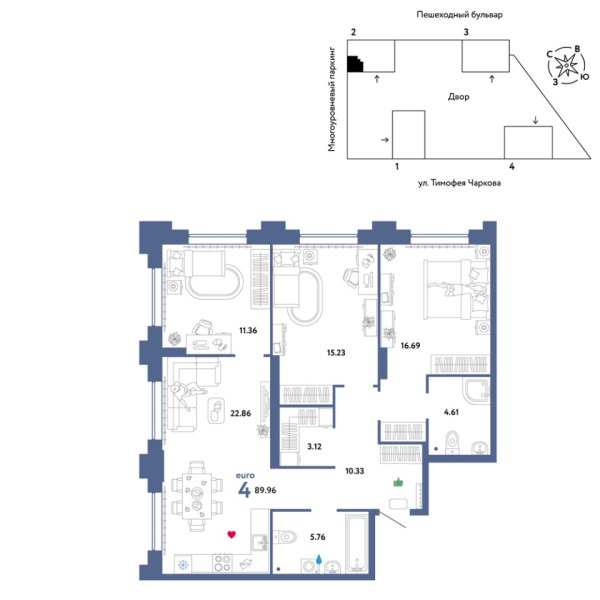 Новая 4-к квартира
 89.96 м² на 4/31 этаже в ЖК «Звёздный» в городе Тюмень 