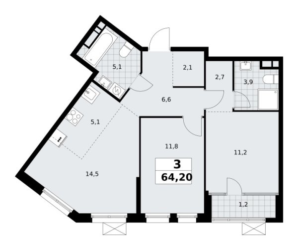 Новая 3-к квартира
 64.2 м² на 13/16 этаже в ЖК «Дом на Зорге» в городе Тюмень 