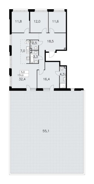 Новая 5-к квартира
 174.9 м² на 2/14 этаже в ЖК «Дзен-кварталы» в городе Тюмень 