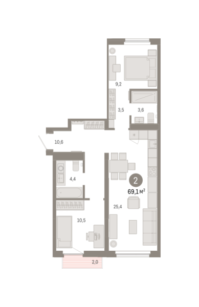 Новая 2-к квартира
 69.13 м² на 2/9 этаже в ЖК «Брусника в Академическом» в городе Тюмень 