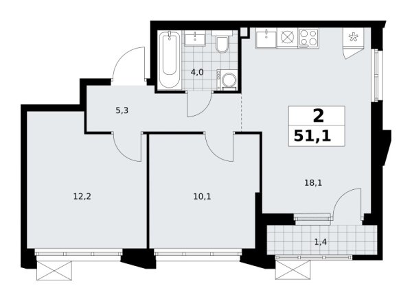 Новая 2-к квартира
 51.1 м² на 2/16 этаже в ЖК «Деснаречье» в городе Тюмень 