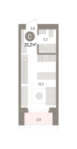 Новая квартира-студия
 25.16 м² на 13/16 этаже в ЖК «Кварталы «На Минской»» в городе Тюмень 