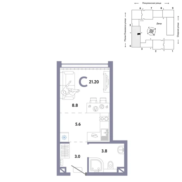 Новая квартира-студия
 21.2 м² на 13/30 этаже в ЖК «Страна.Озёрная» в городе Тюмень 