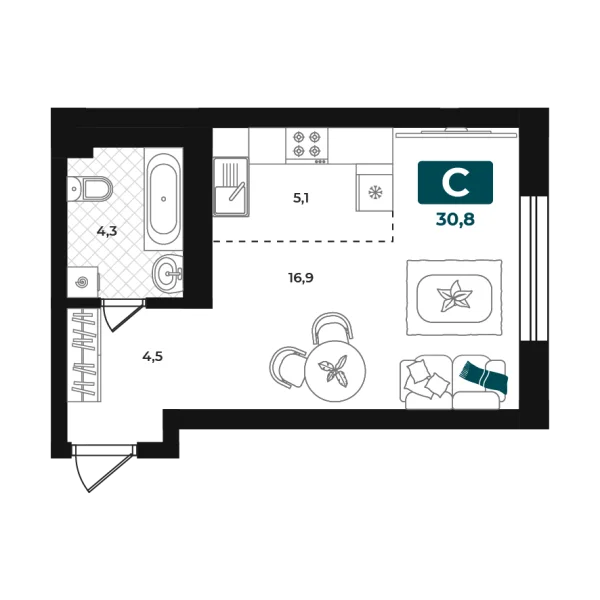 Новая квартира-студия
 30.8 м² на 16/23 этаже в ЖК «Добро» в городе Тюмень 