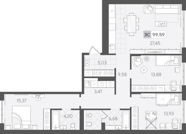 Новая 3-к квартира
 99.59 м² на 2/4 этаже в ЖК «Скандиа. Квартал у Озера» в городе Тюмень 