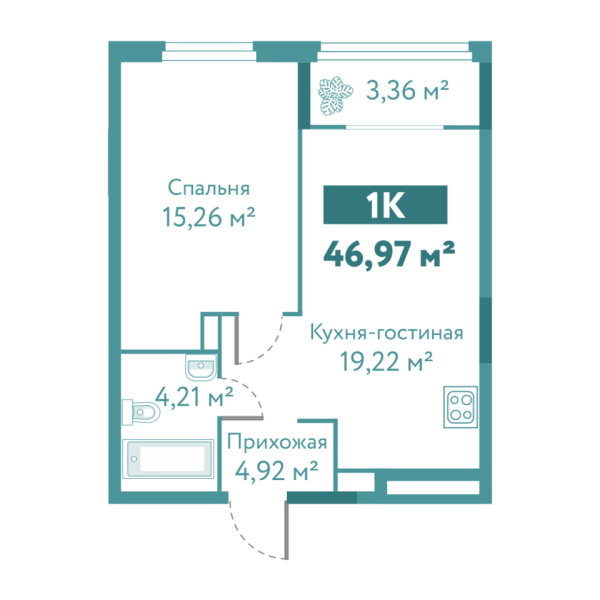 Новая 1-к квартира
 46.97 м² на 1/10 этаже в ЖК «Акватория» в городе Тюмень 